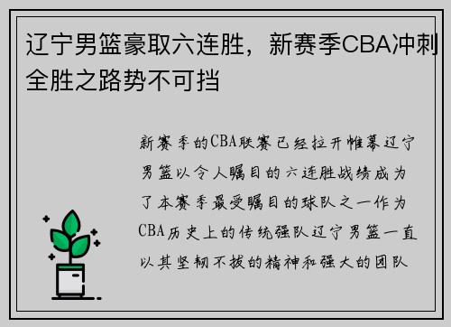 辽宁男篮豪取六连胜，新赛季CBA冲刺全胜之路势不可挡