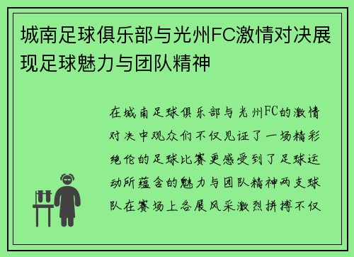 城南足球俱乐部与光州FC激情对决展现足球魅力与团队精神